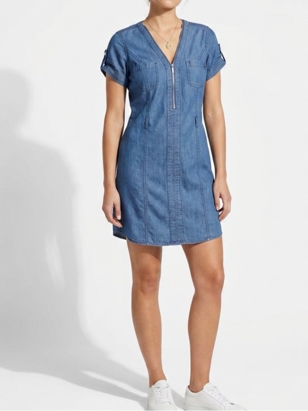 G by Guess 1/2 Zip-Front Chambray Denim Short Sleeve Dress